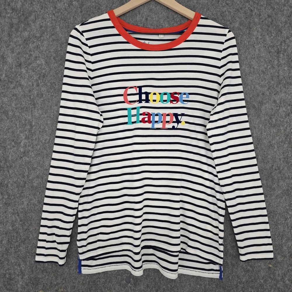Boden Shirt Womens 8 White Navy Choose Happy Graphic Cotton Long Sleeve Top